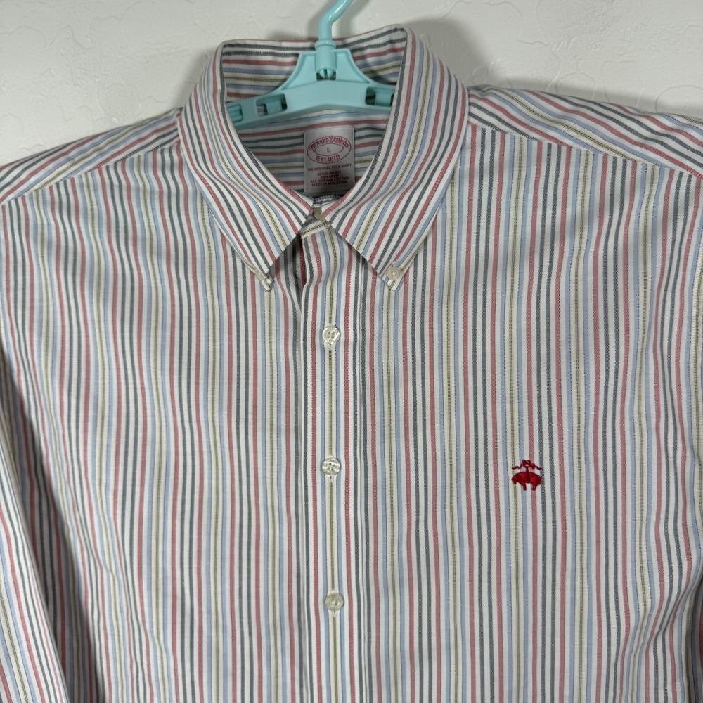 Brooks Brothers‎ Shirt Mens Large White Button Down Oxford OCBD Striped Non Iron
